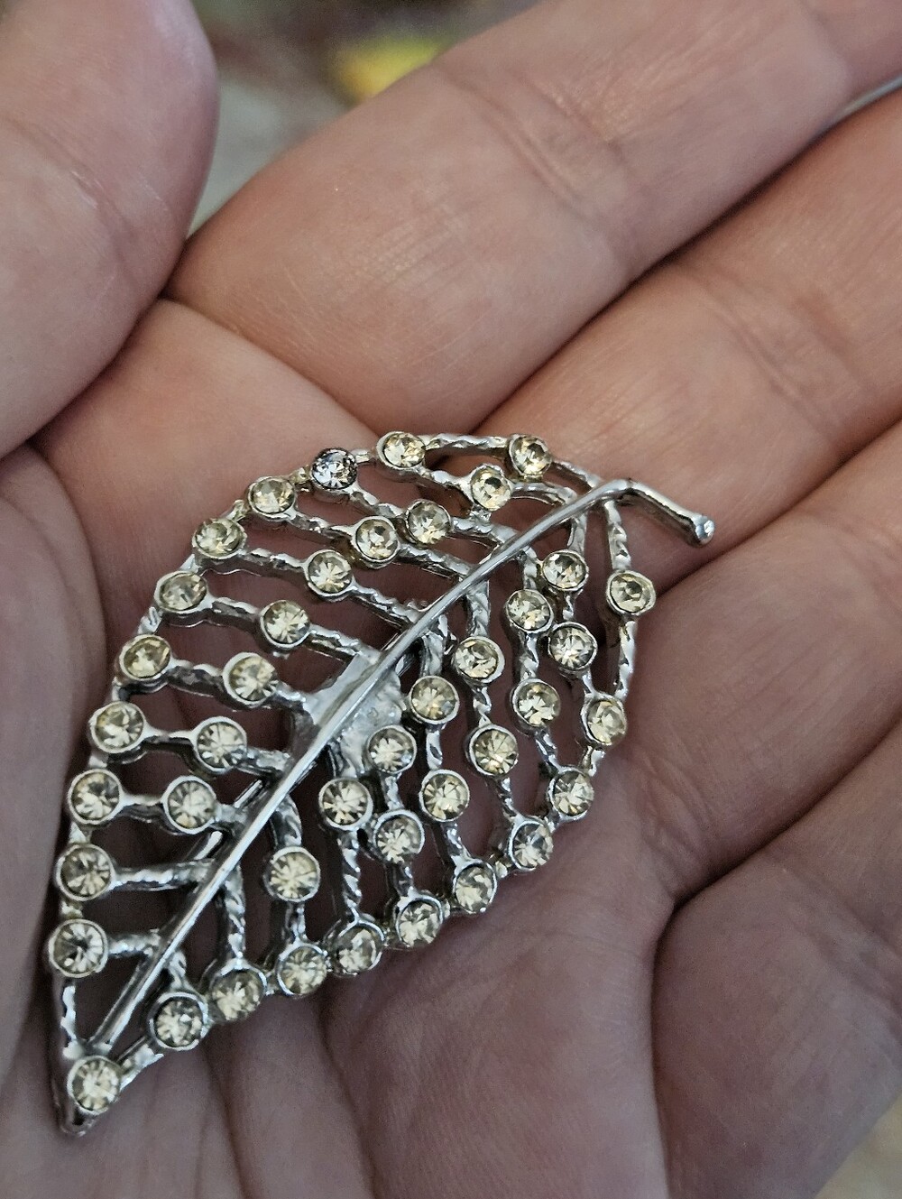 Vintage Crystal Rhinestone Leaf Brooch Silver Tone Open Work Statement Pin